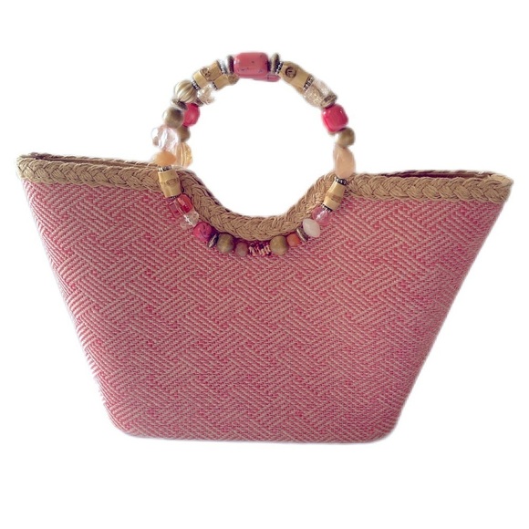 Cappelli Straworld Handbag Coral Jeweled Handles Summer Handbag - Picture 1 of 11